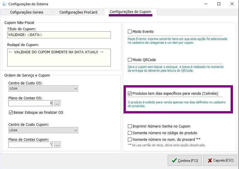 Tela de configuração do modo